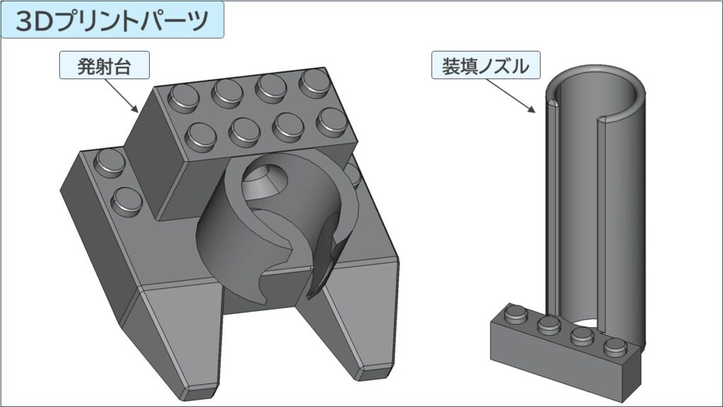 ビー玉を発射する「発射台」と、玉を入れる「装填ノズル」をCADで設計したモデルです。LEGO互換の凹凸も再現しています。