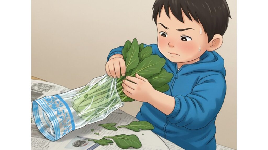 袋詰め作業で困っている様子のイラスト