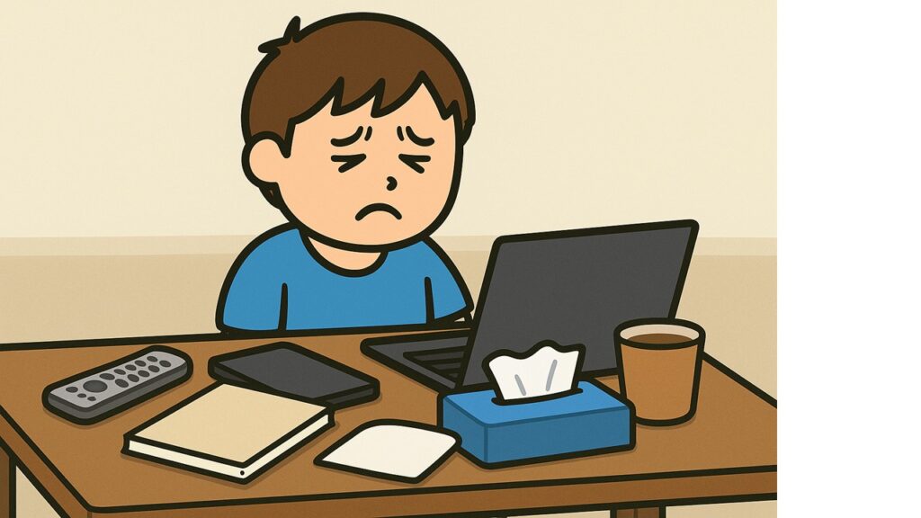 狭い机で困る子供のイラスト