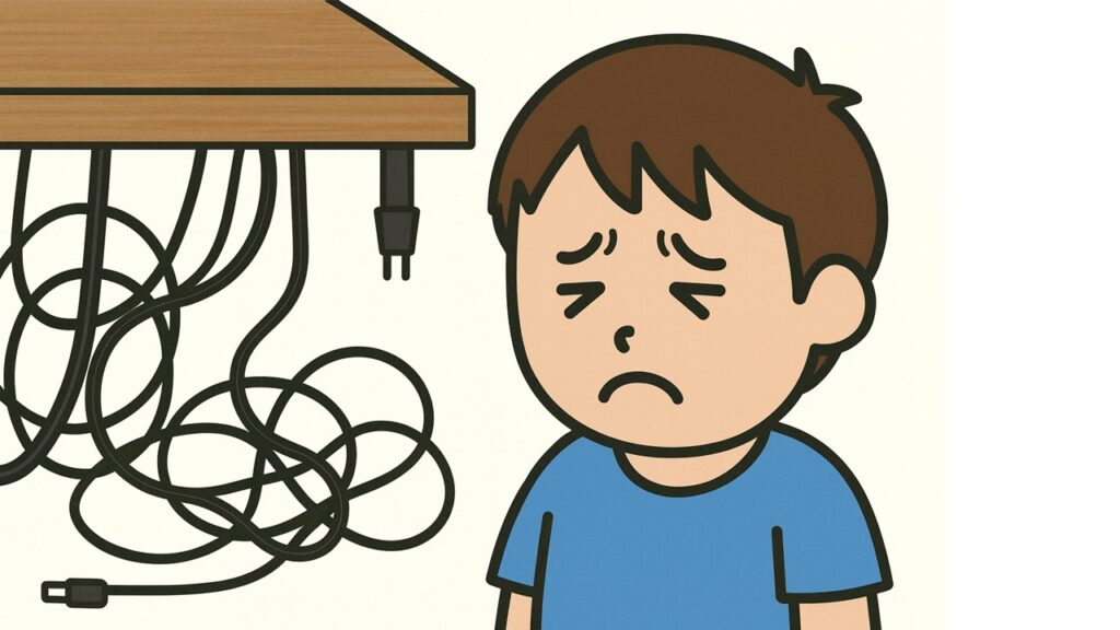 机の下のケーブルがごちゃごちゃして困っているイラスト