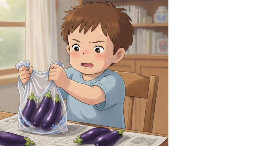 ナスの袋詰め練習をするイラスト