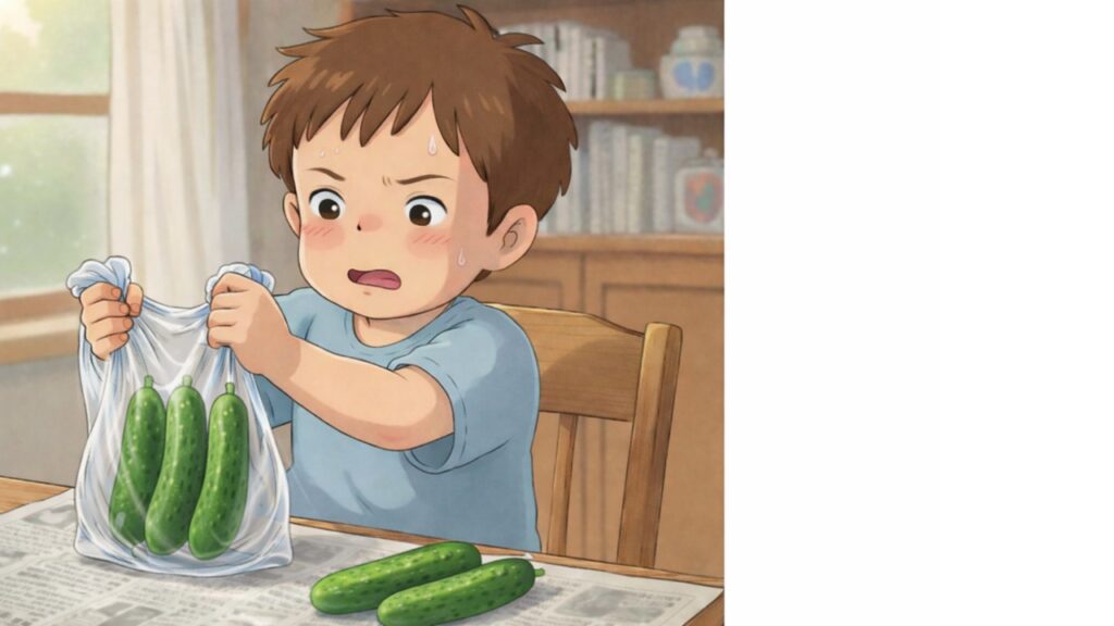 きゅうりの袋詰めに苦戦する様子