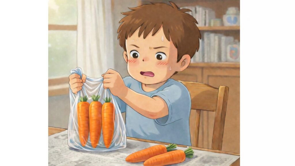 野菜（にんじん）の袋詰めに苦戦する少年のイラスト