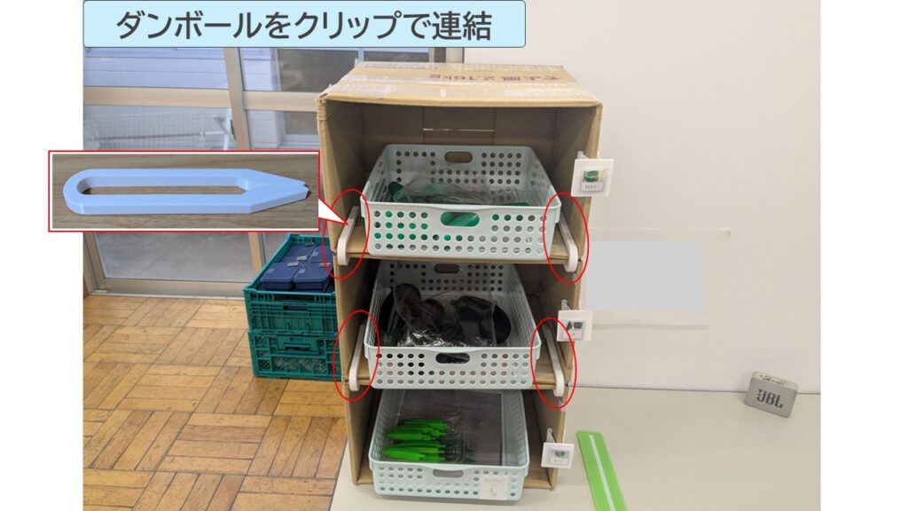 ダンボールをクリップで連結した写真