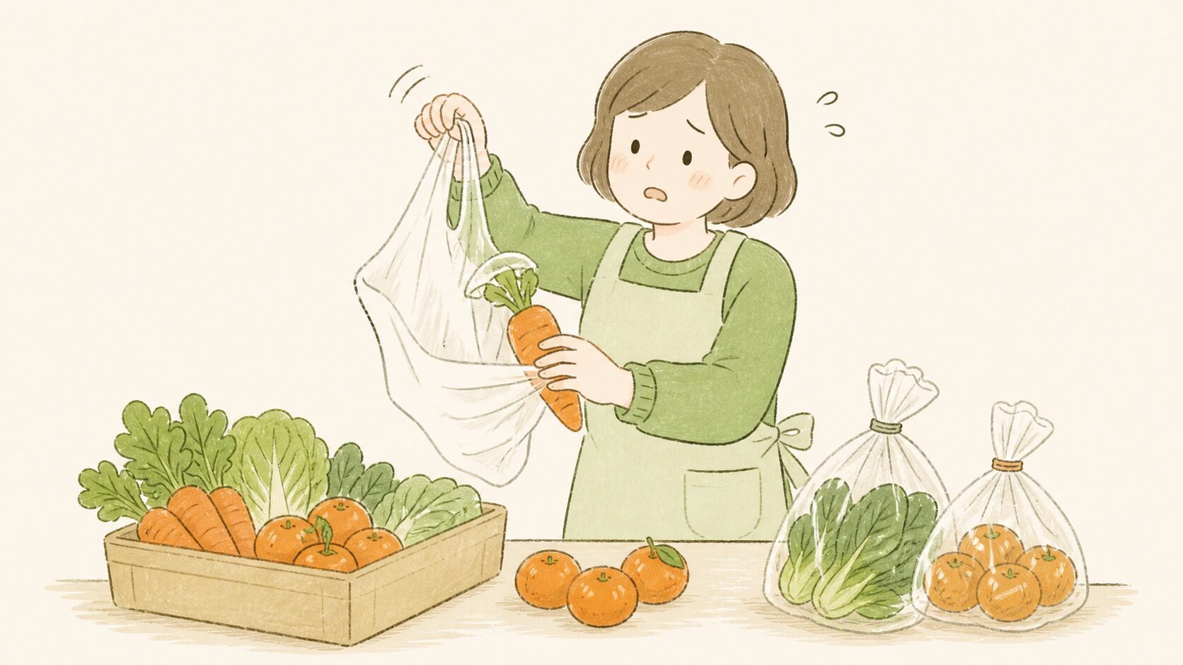 野菜の袋詰めに苦戦する様子のイラスト