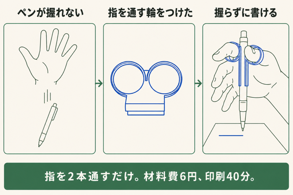 困りごとから解決までを3コマで示した図解。1コマ目「ペンが握れない」は開いた手のひらからペンが落ちている絵。2コマ目「指を通す輪をつけた」は輪が2つ並び、下にペンを挟むクリップが付いた青い器具。3コマ目「握らずに書ける」は青い器具の輪に指を2本通してペンを持ち、紙に青い線を引いている手。下の帯に「指を2本通すだけ。材料費6円、印刷40分。」