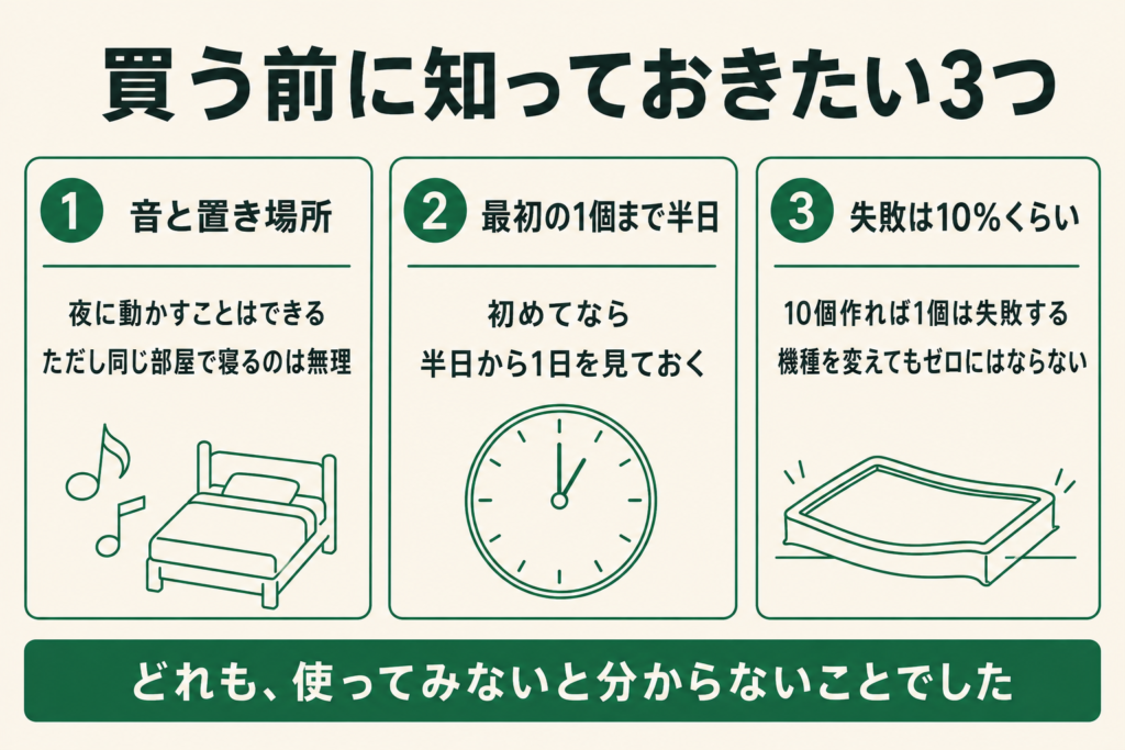 3Dプリンターを買う前に知っておきたい3つをまとめた図。音と置き場所については夜に動かすことはできるが同じ部屋で寝るのは無理だった。最初の1個までは初めてなら半日から1日を見ておく。失敗は10%くらいで10個作れば1個は失敗し、機種を変えてもゼロにはならない。