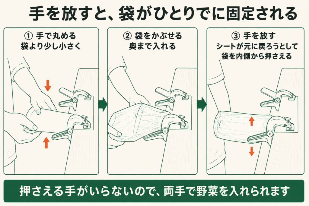 袋詰めホルダーで袋が固定される仕組みを示した図。まず手で先を丸めて袋より少し小さくする。次に袋を奥までかぶせる。手を放すとシートが元の大きさに戻ろうとして、袋を内側から押さえる。押さえる手がいらないので両手で野菜を入れられる。