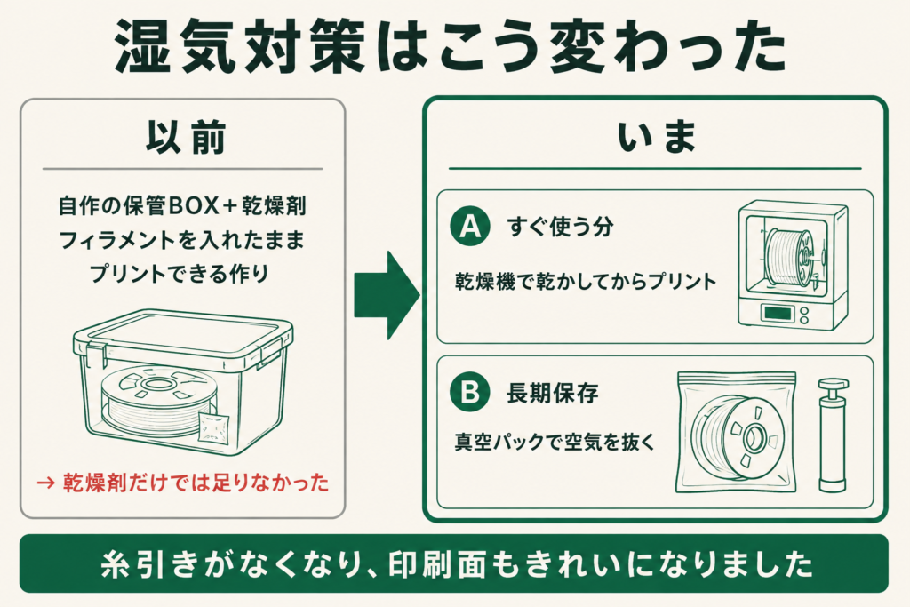 フィラメントの湿気対策の変化を示す図。以前は乾燥剤を入れた自作の保管BOXにフィラメントを入れたままプリントしていたが、乾燥剤だけでは湿気を取り切れなかった。いまはすぐ使う分を乾燥機で乾かしてからプリントし、長期保存は真空パックで空気を抜いている。糸引きがなくなり印刷面もきれいになった。