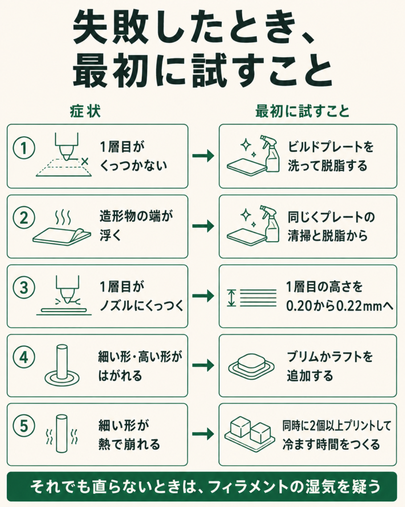 3Dプリンターで失敗したときに最初に試すことをまとめた図。1層目がくっつかないときと造形物の端が浮くときはビルドプレートを洗って脱脂する。1層目がノズルにくっつくときは1層目の高さを0.20から0.22mmへ変える。細い形や高い形がはがれるときはブリムかラフトを追加する。細い形が熱で崩れるときは同時に2個以上プリントして冷ます時間をつくる。それでも直らないときはフィラメントの湿気を疑う。