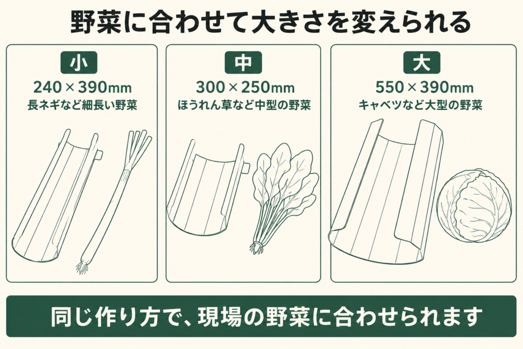 袋詰めホルダーを野菜のサイズに合わせて作り分ける図。小は240×390mmで長ネギなど細長い野菜向け、中は300×250mmでほうれん草など中型の野菜向け、大は550×390mmでキャベツなど大型の野菜向け。同じ作り方で現場の野菜に合わせられる。