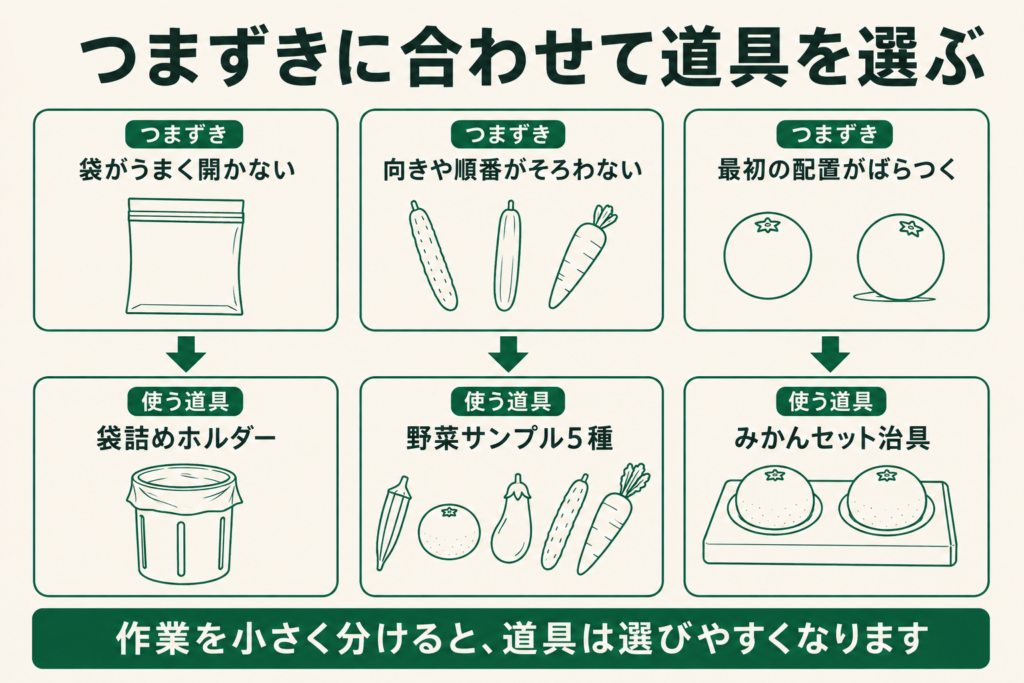野菜袋詰めのつまずきと対応する道具を並べた図。袋がうまく開かないときは袋詰めホルダー、向きや順番がそろわないときは野菜サンプル5種、最初の配置がばらつくときはみかんセット治具を使う。作業を小さく分けると道具は選びやすくなる。