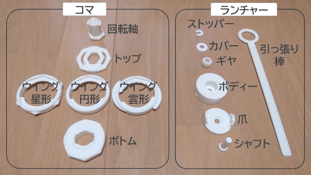 コマ6部品とランチャー7部品に名前を書き込んだ部品一覧の図