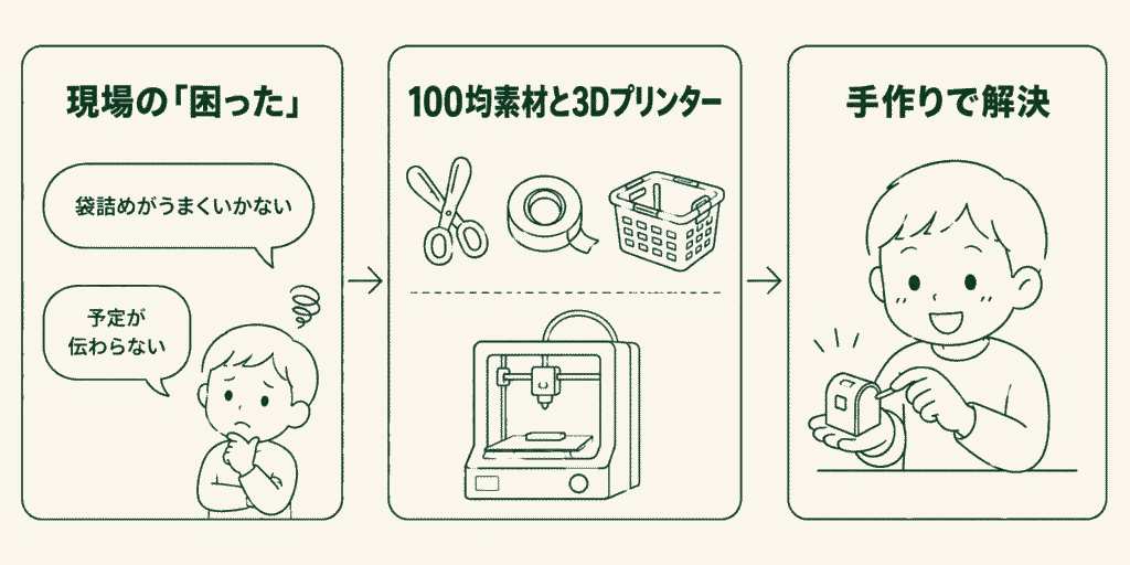 現場の「困った」を手作りで解決するまでを3コマで示した図。1コマ目は現場の「困った」として「袋詰めがうまくいかない」「予定が伝わらない」の2つの声。2コマ目は100均素材と3Dプリンター。3コマ目は手作りで解決し、できた道具を前に自分で作業している様子。