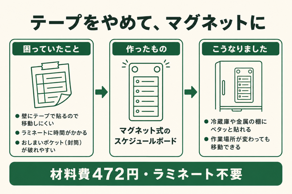 テープ貼りからマグネット式に変えたスケジュールボード