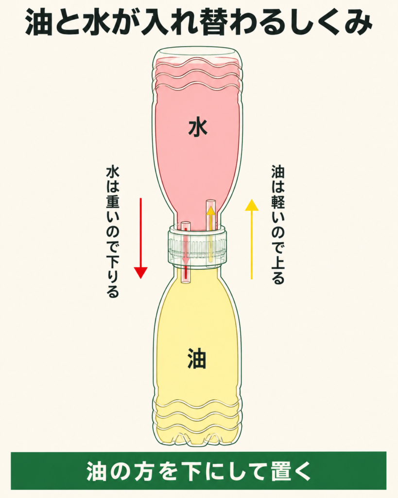 ペットボトル2本をキャップでつないだオイルタイマーの線画。上のボトルは薄い赤で「水」、下のボトルは薄い黄色で「油」。キャップを通る2本のストローが左右にずれて描かれ、左のストローは下へ長く伸びて油の中まで届き、赤い下向きの矢印と「水は重いので下りる」。右のストローは上へ長く伸びて水の中まで届き、黄色い上向きの矢印と「油は軽いので上る」。下部の帯に「油の方を下にして置く」。